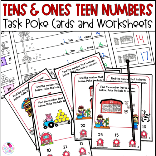 Teen Numbers Place Value Tens and Ones Task Poke Cards and Worksheets ...