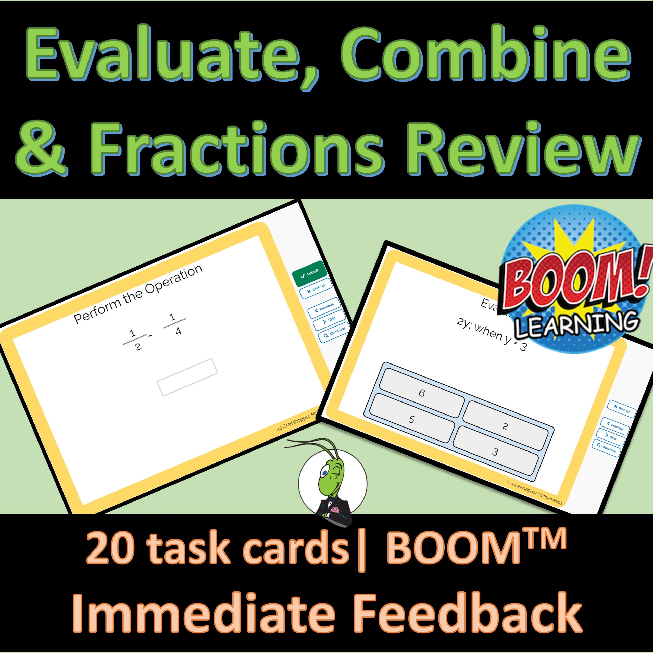 Evaluating Expressions, Combine Like Terms, Fractions Boom Digital Task Cards