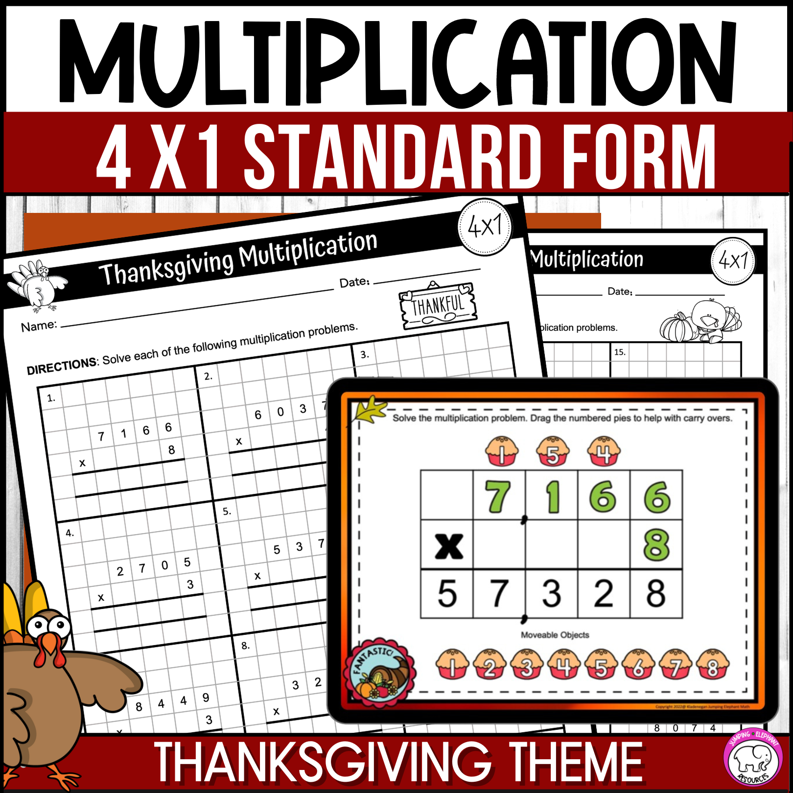 Thanksgiving 4 Digit by 1 Digit Multiplication Google Slides and Worksheets