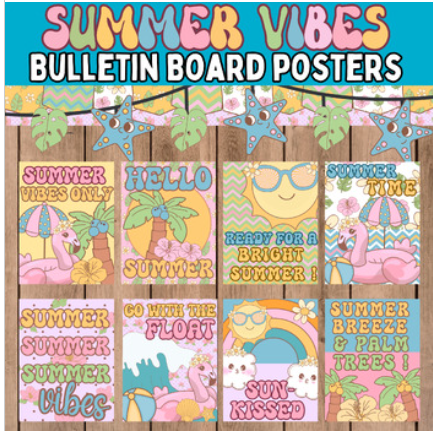 Retro Summer Vibes Bulletin Board Posters, Retro Summer Classroom Posters
