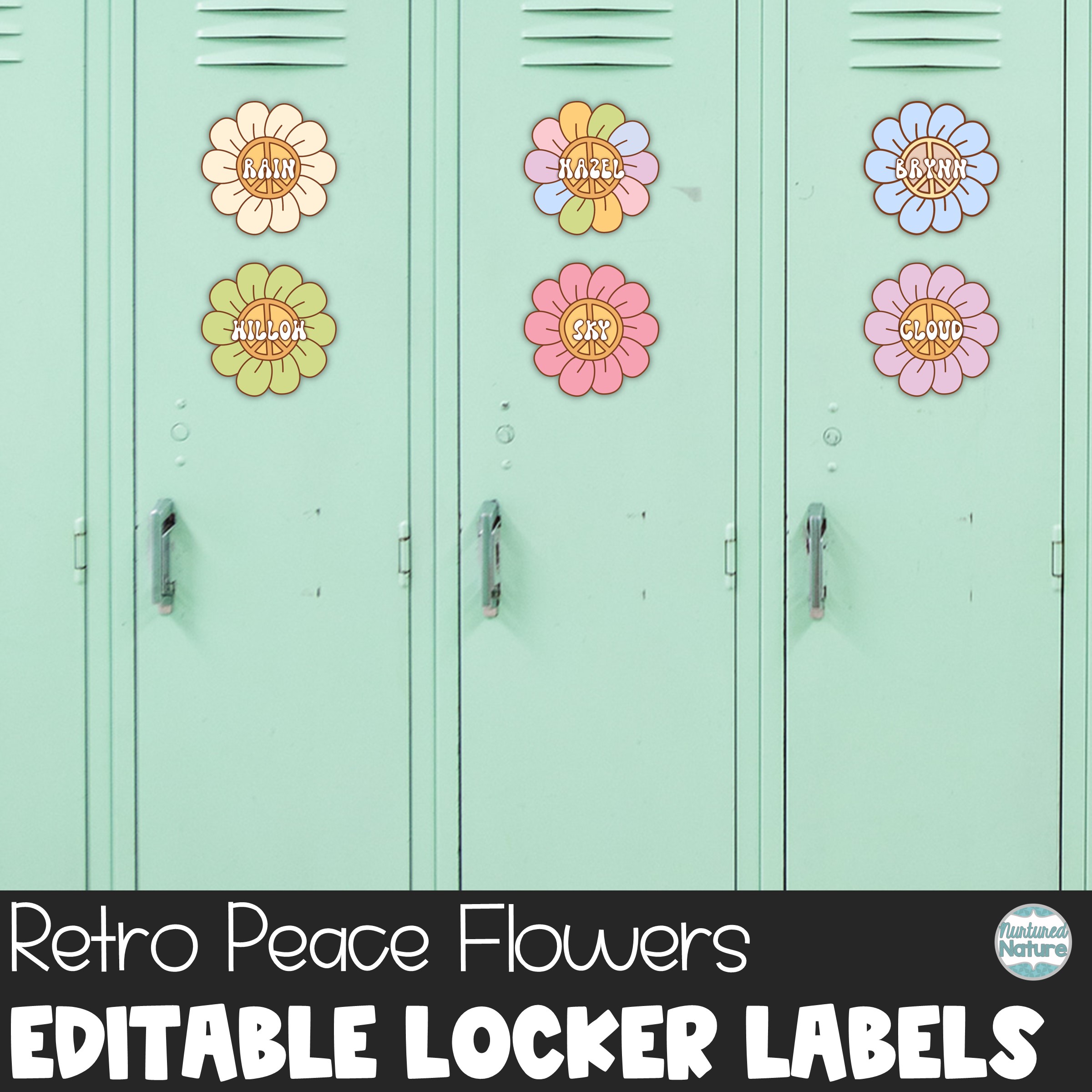 Groovy Peace Flower Name Tags - Editable Locker Labels or Cubby Tags