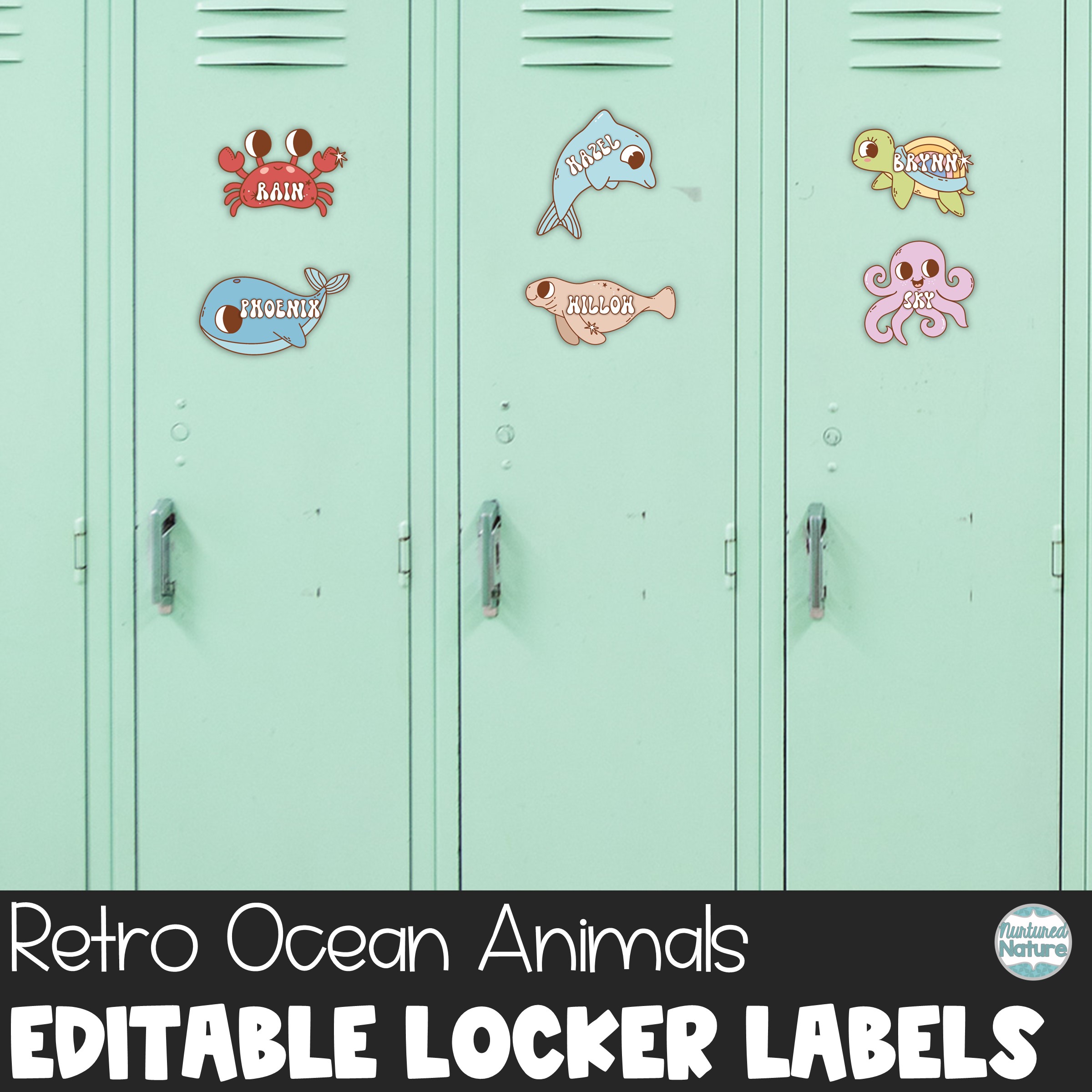 Editable Name Tags - Retro Ocean Animal Cubby or Locker Labels for Summer