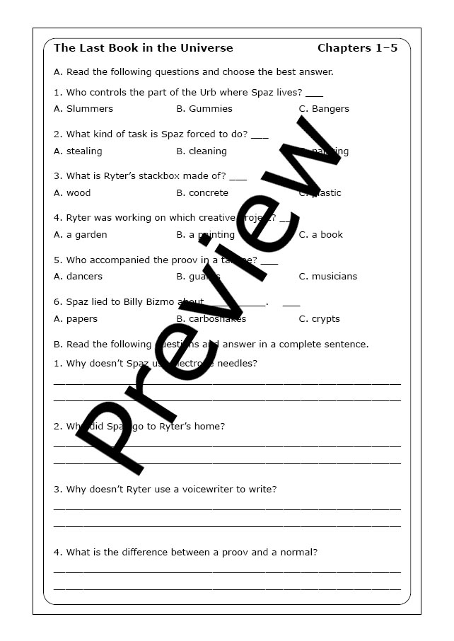 Rodman Philbrick "The Last Book in the Universe" worksheets - Made By ...