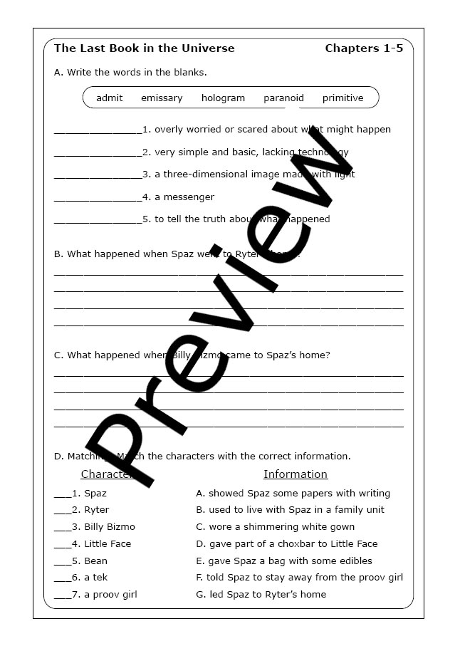 Rodman Philbrick "The Last Book in the Universe" worksheets - Made By ...