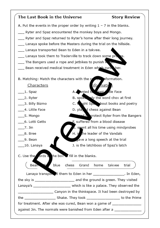 Rodman Philbrick "The Last Book in the Universe" worksheets - Made By ...