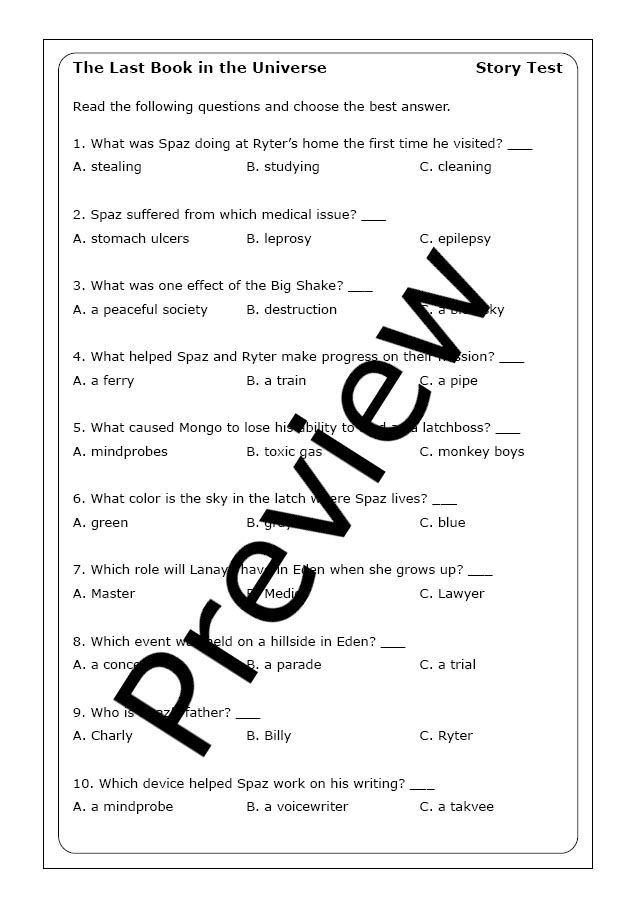 Rodman Philbrick "The Last Book in the Universe" worksheets - Made By ...