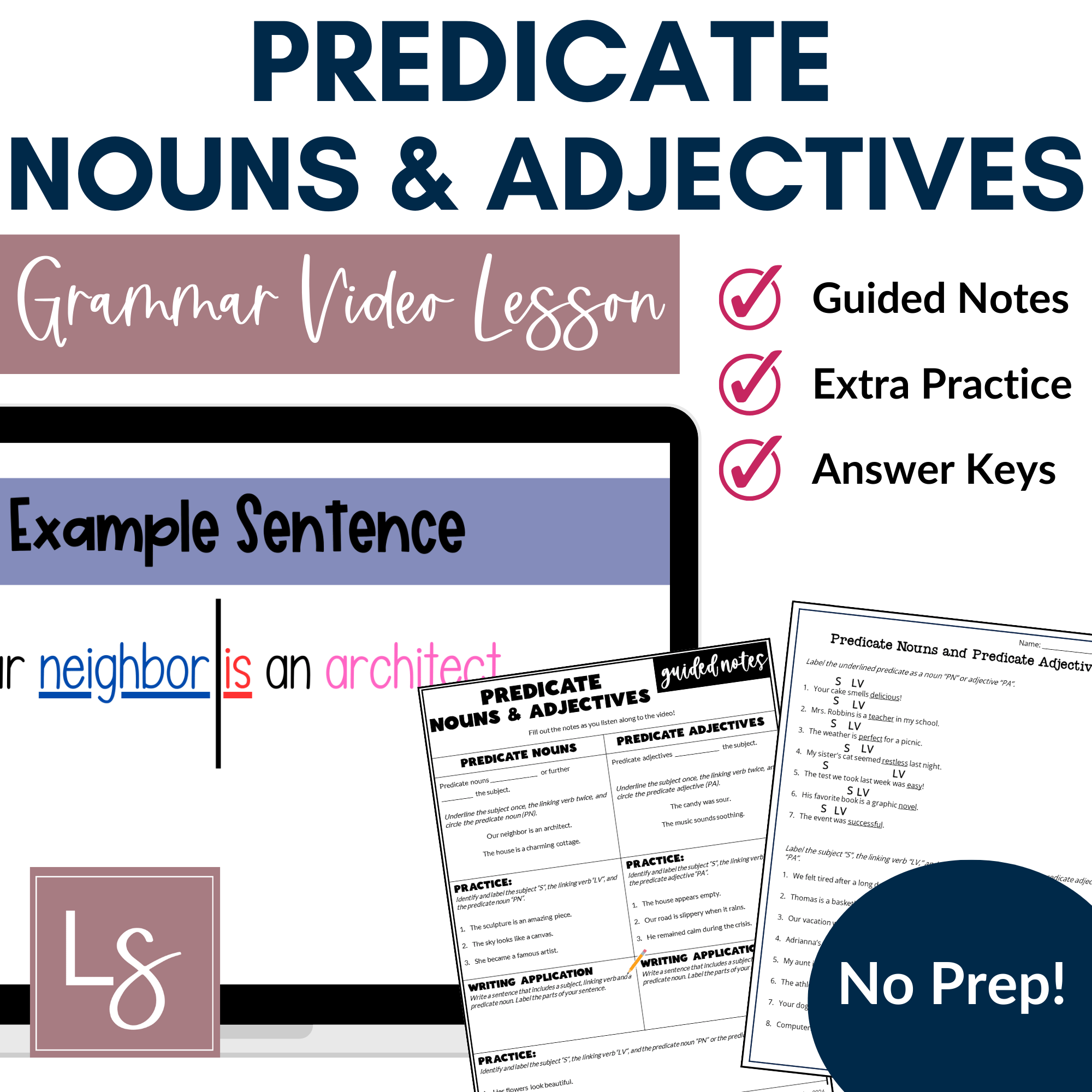 Predicate Nouns and Adjectives Grammar Video & Worksheet - 6th Grade Sub Plans