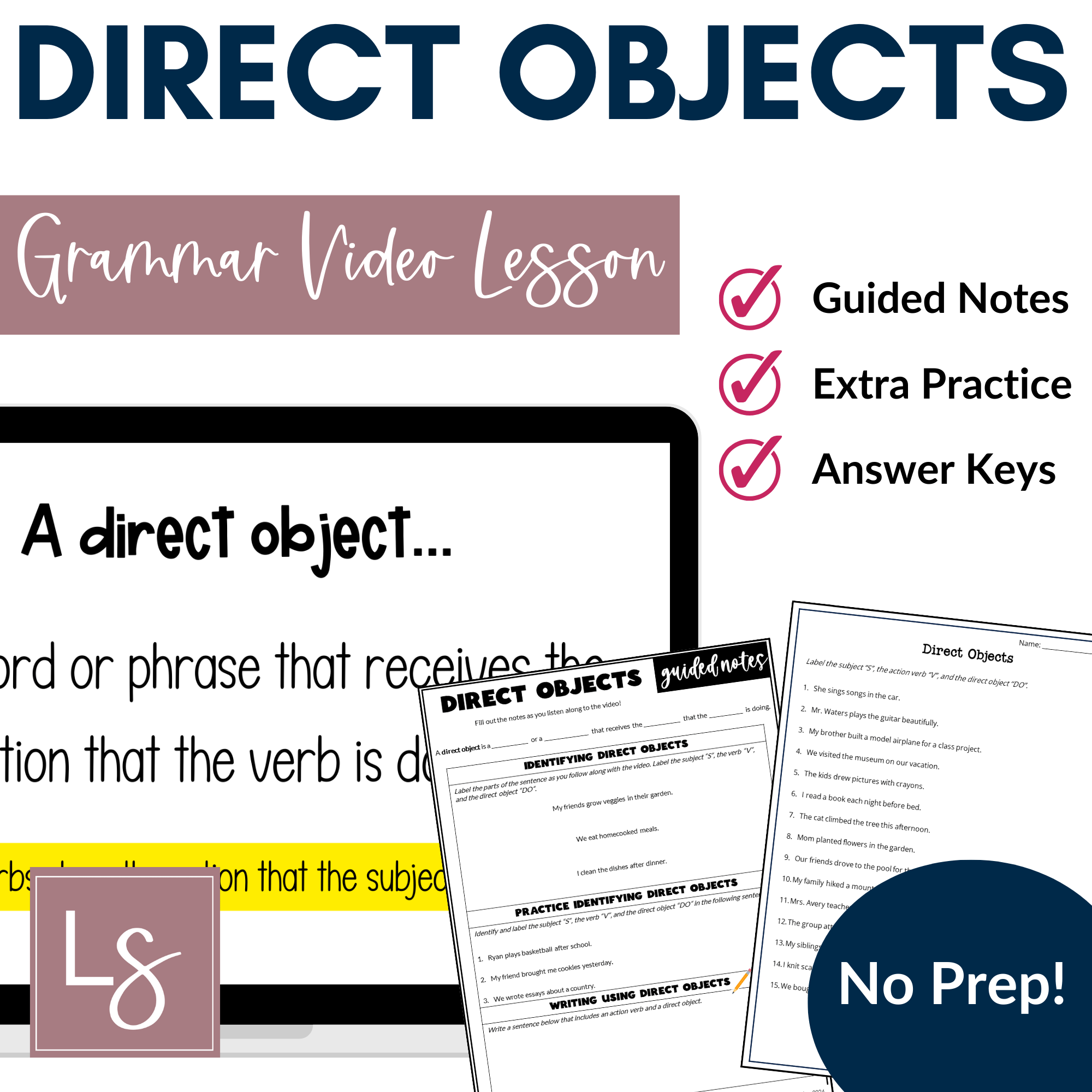 Direct Objects Grammar Video and Worksheet - Emergency Sub Plans - 6th Grade