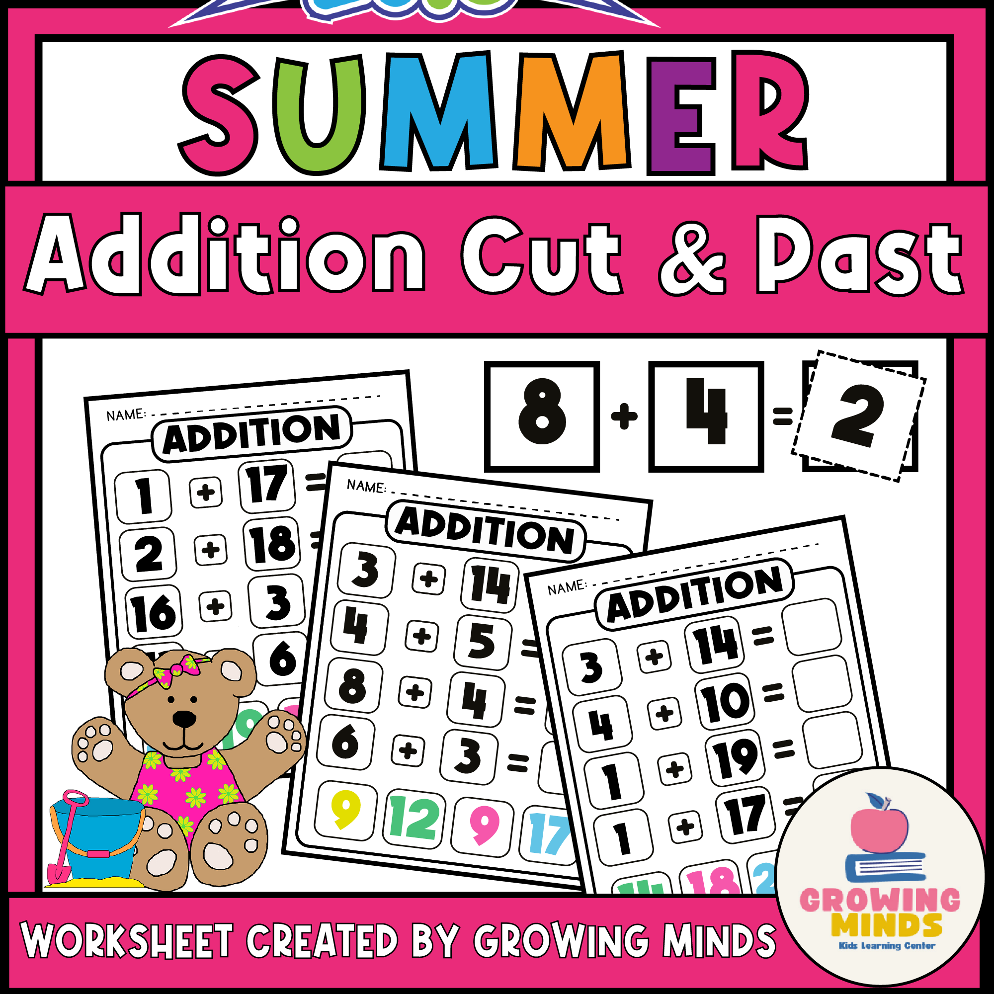Math Addition Cut and Paste Worksheets - Summer Themed Printable