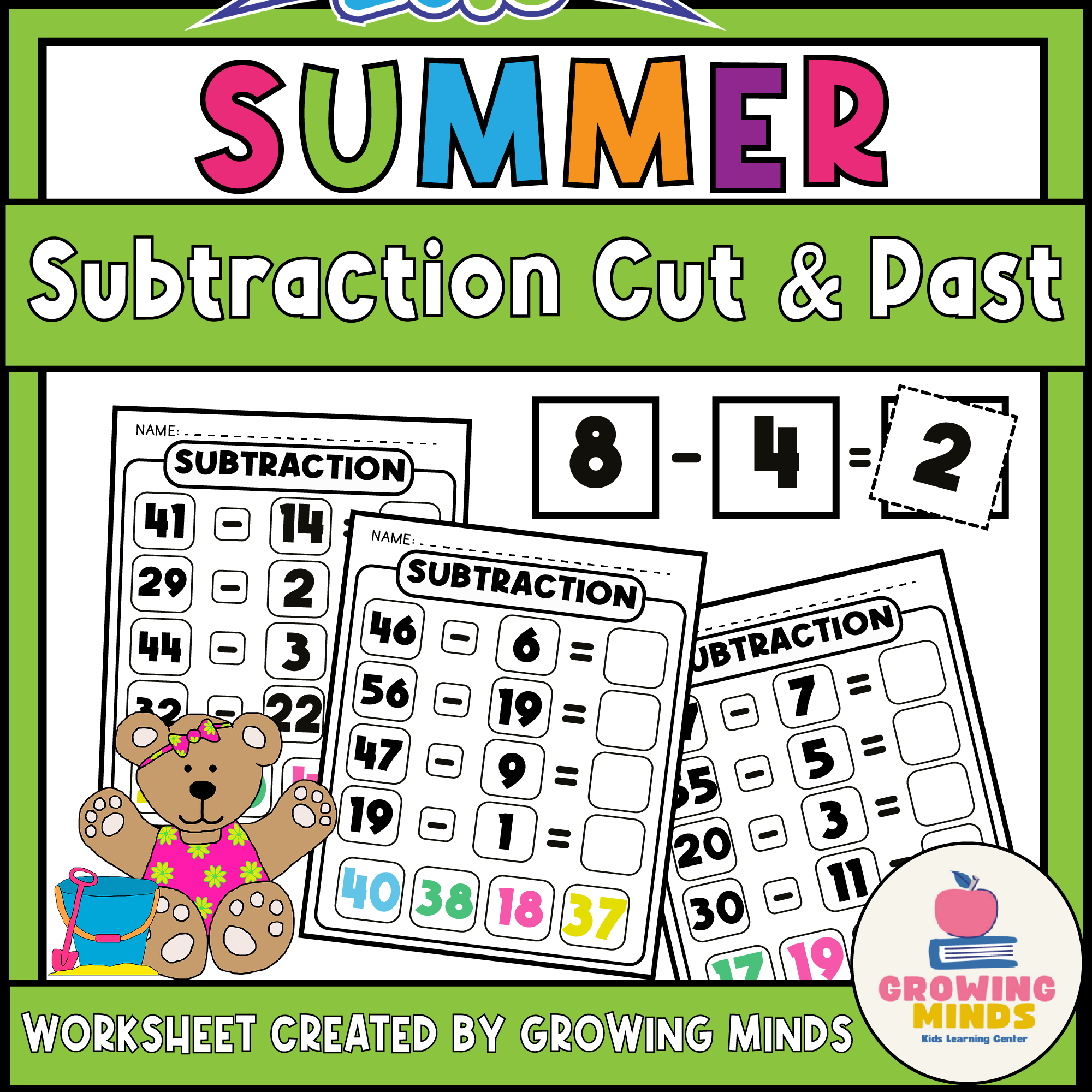 Math subtraction Cut and Paste Worksheets - Summer Themed Printable