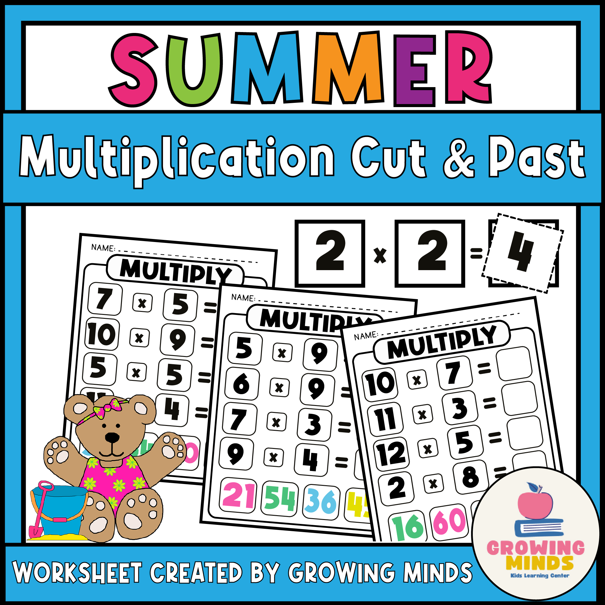 Math multiplication Cut and Paste Worksheets - Summer Themed Printable