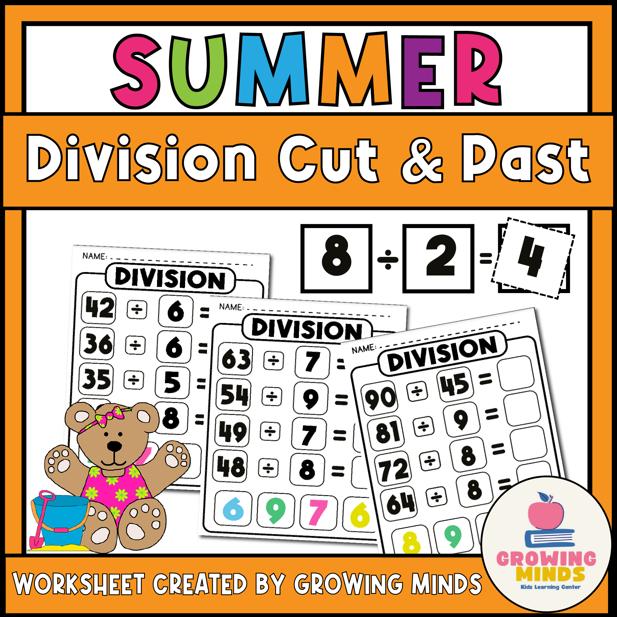 Math division Cut and Paste Worksheets - SummerThemed Printable
