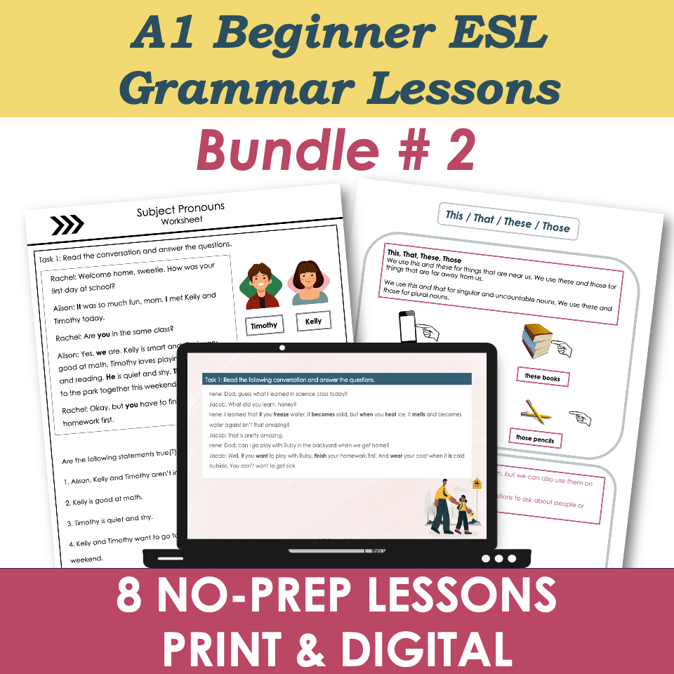 A1 Beginner Grammar Lesson Plans, Activities, Worksheets BUNDLE #2 - Adult ESL EFL ELL