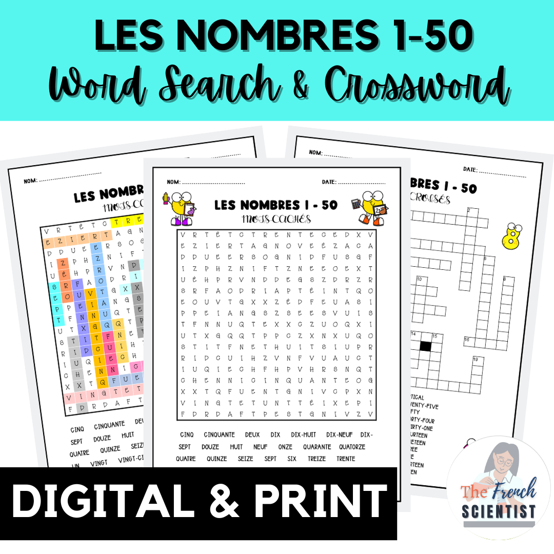 FRENCH Numbers 1-50 / Les Nombres 1-50 Word Search & Crossword Activities
