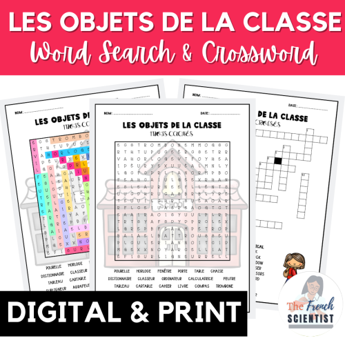 FRENCH Classroom Objects / Les Objets de la Classe Word Search ...