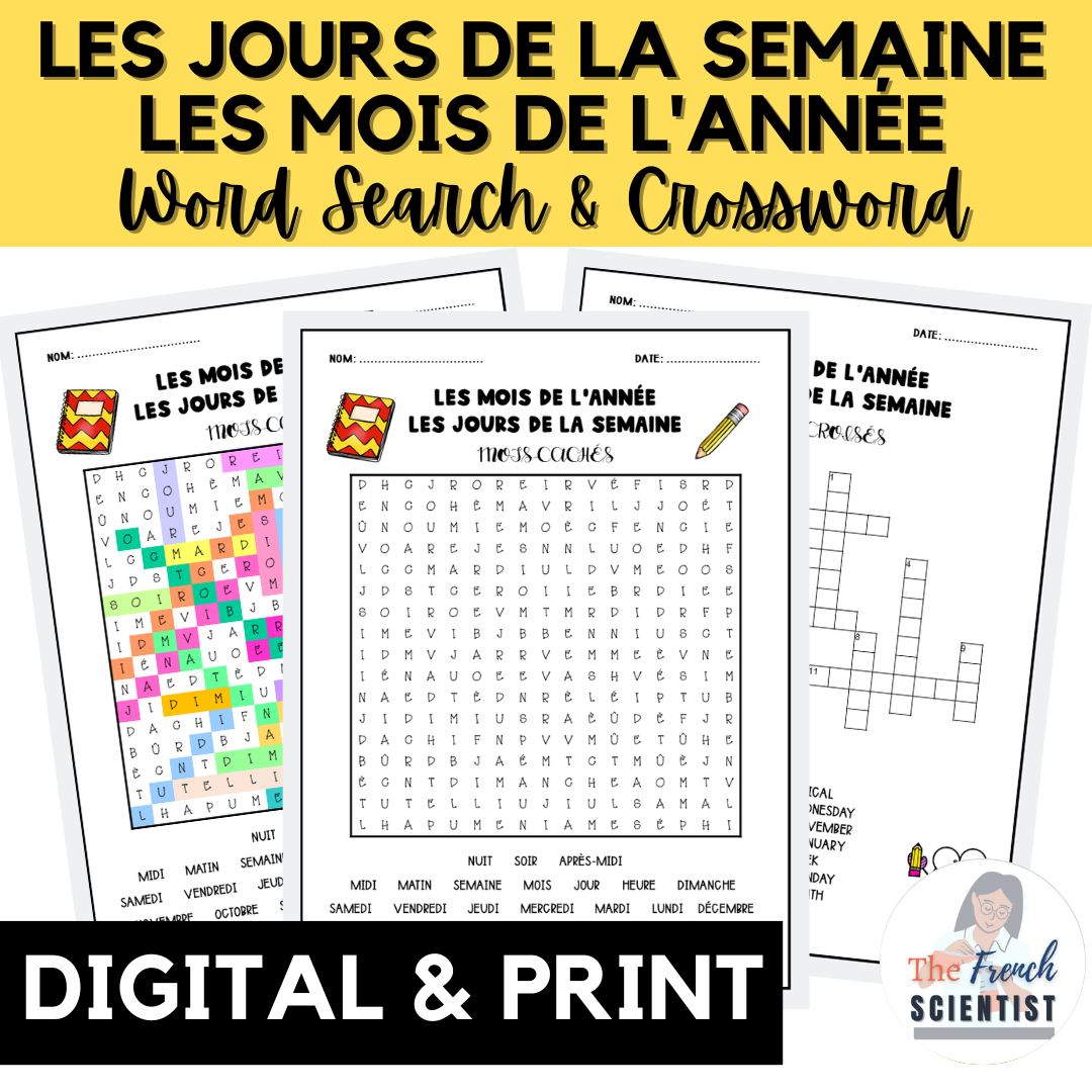 Les Jours de la Semaine & Les Mois de l'Année Word Search & Crossword Activities