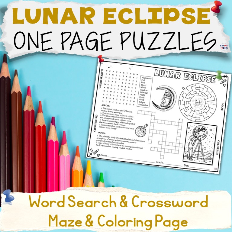 Lunar Eclipse Word Search Crossword Maze Coloring Page Puzzles Activity Mat