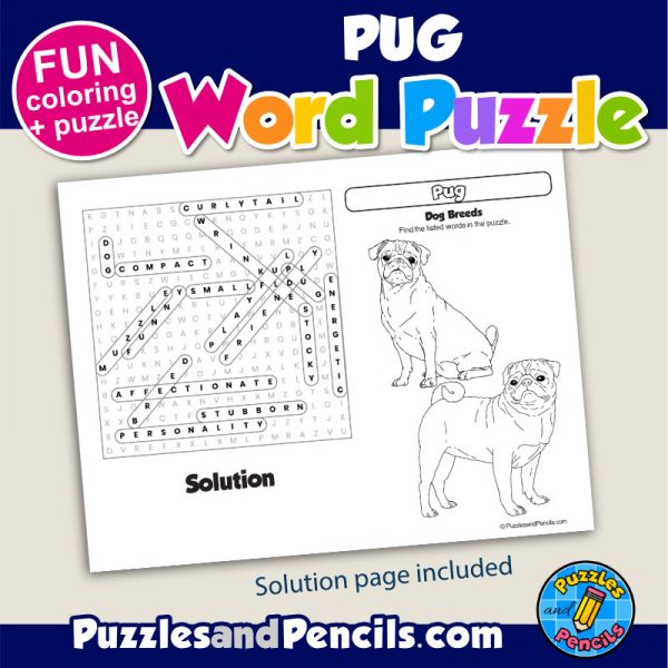 Pug Word Search Puzzle Activity Page and Coloring | Dog Breeds | Made ...