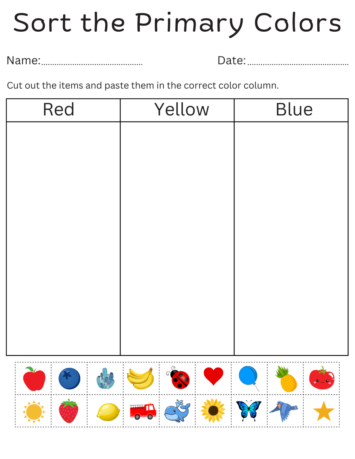 primary colors printable color sorting worksheet - toddler color ...