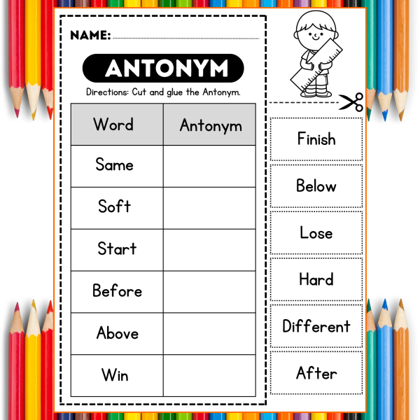 Antonym Worksheets|Cut and Paste Activities|Grammar Worksheets 1st and ...