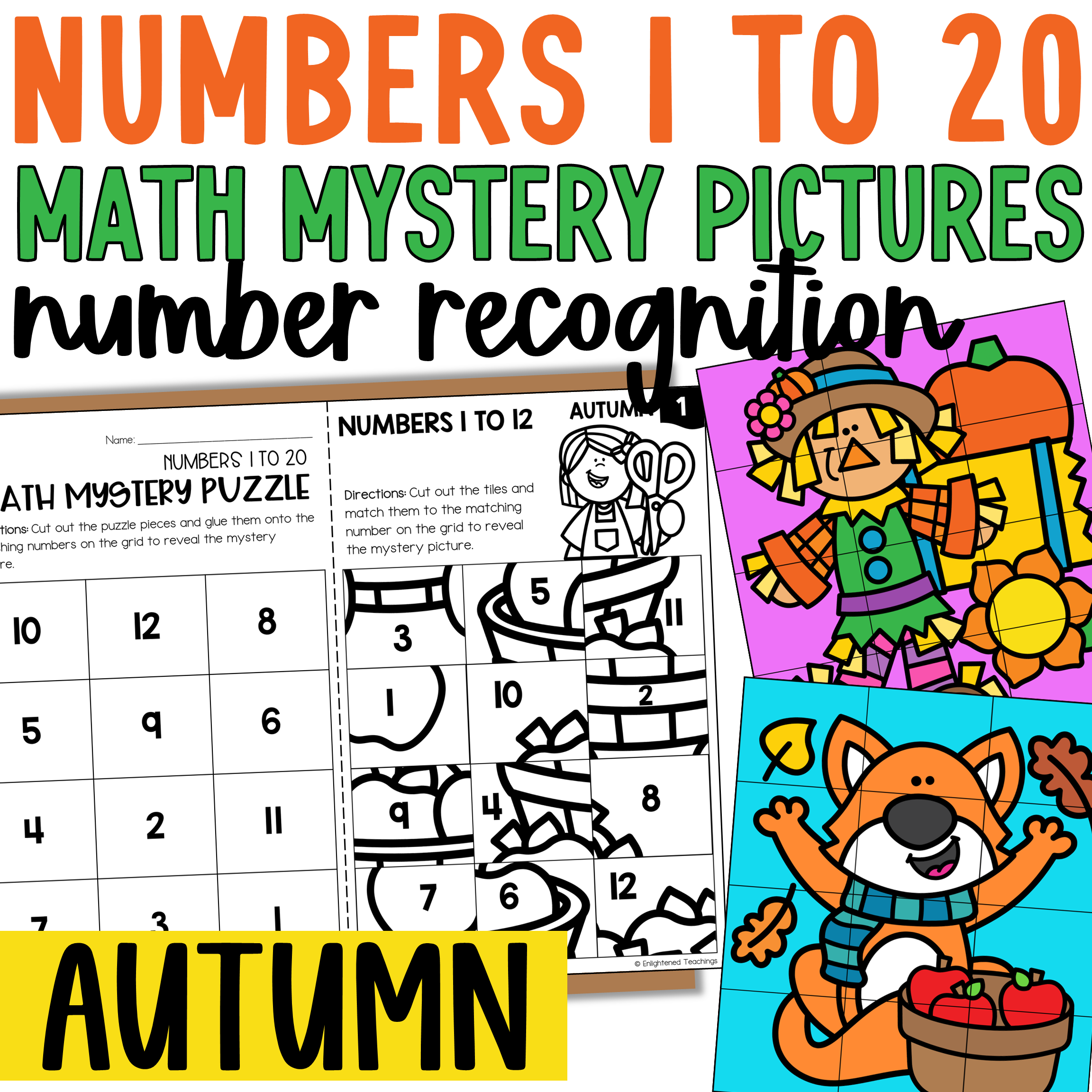 Fall Numbers to 20 Worksheets Math Mystery Puzzles Autumn Number Recognition