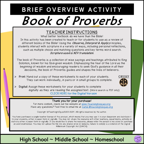 Brief Review of Proverbs Bible Book Overview Activity | Made By Teachers
