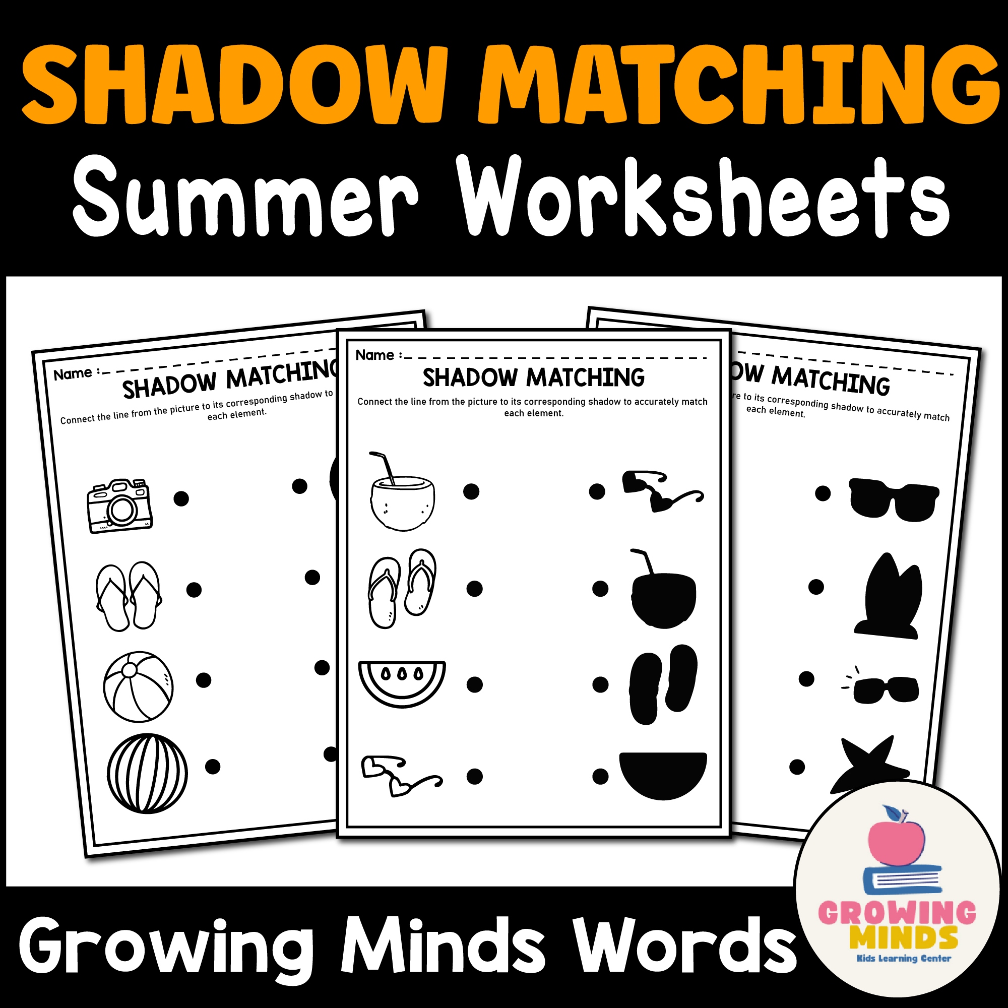 Summer Shadow Matching Connect-the-Line Worksheets Activities-back to school