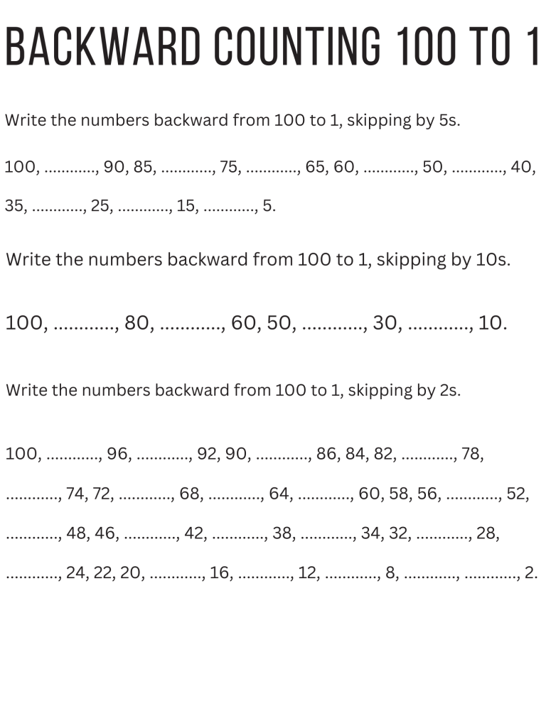 printable backward counting 100 to 1 worksheet for kindergarten - Made ...