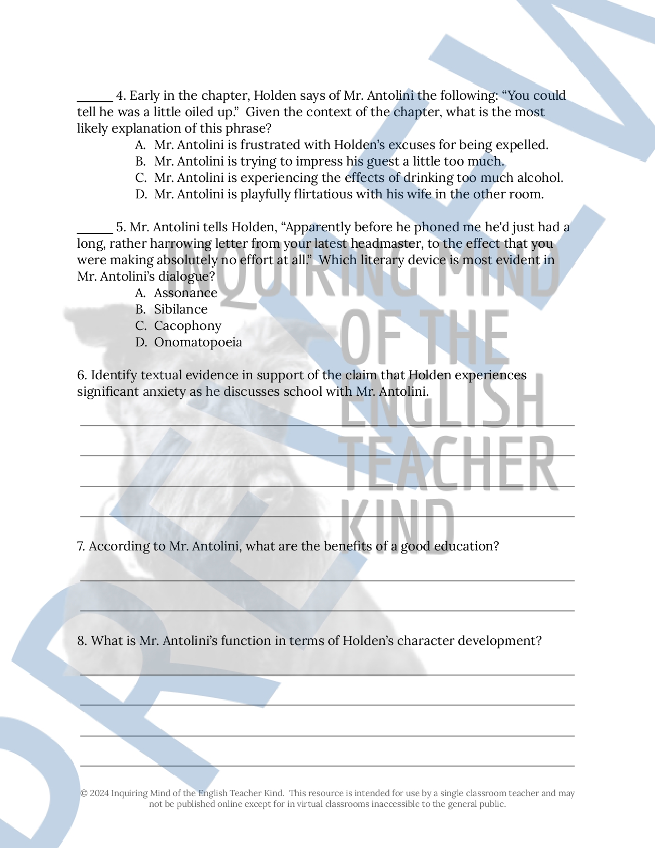 Catcher in the Rye Chapters 24-26 Quiz and Close Reading Worksheets ...