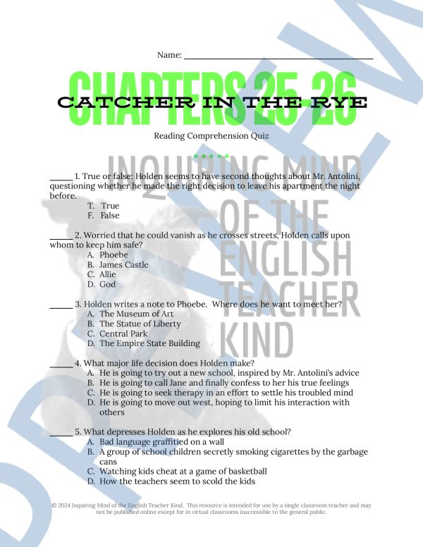 Catcher in the Rye Chapters 25 and 26 Quiz and Answer Key - Made By ...