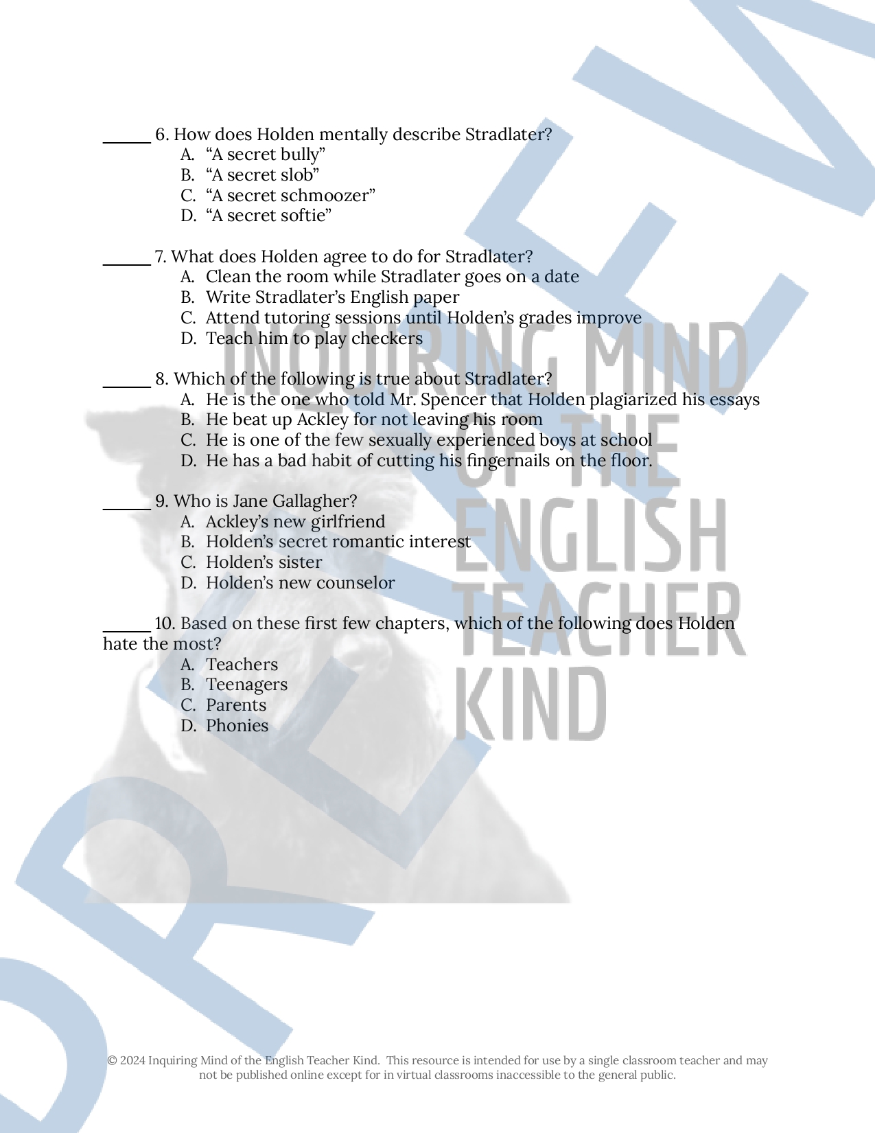 Catcher in the Rye Quiz and Answer Key Bundle for High School | Made By ...