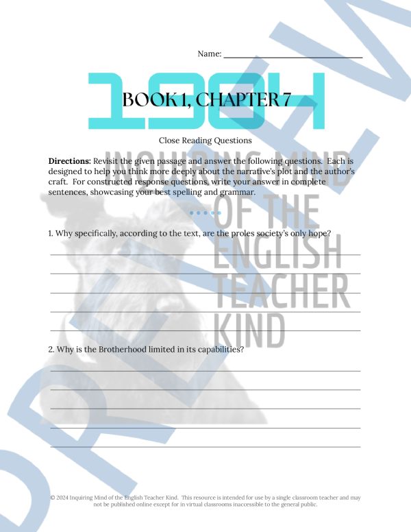 1984 Quizzes, Close Reading Worksheets, Vocabulary Games, and Test