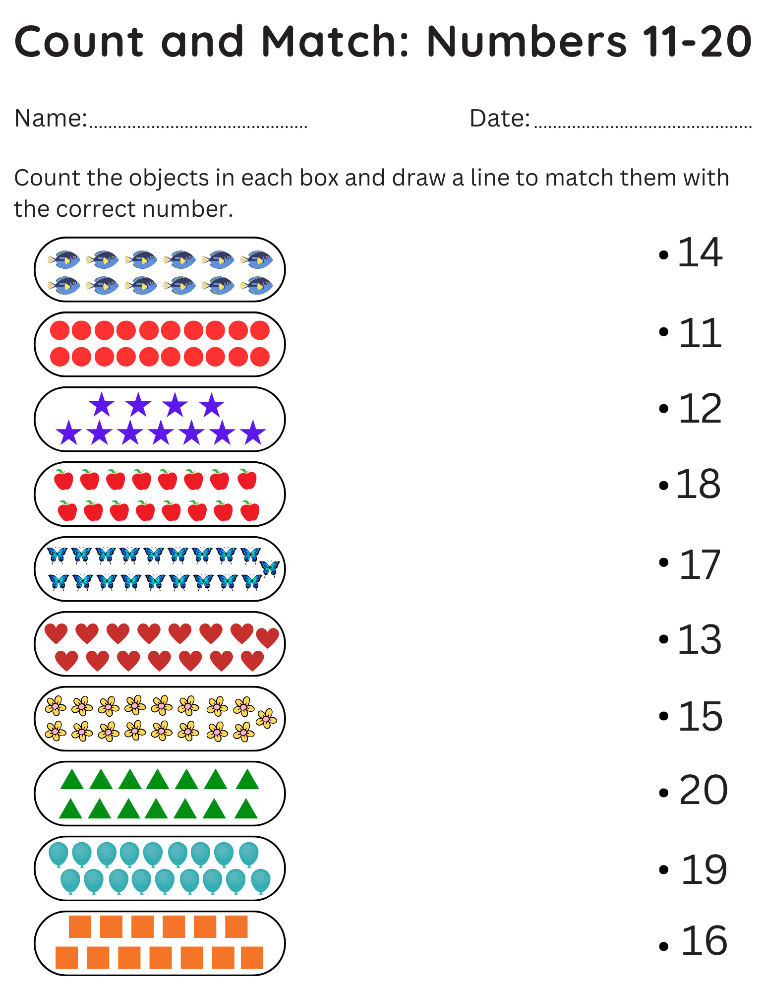 kindergarten count and match worksheets 11-20 - printable numbers 11-20 activity