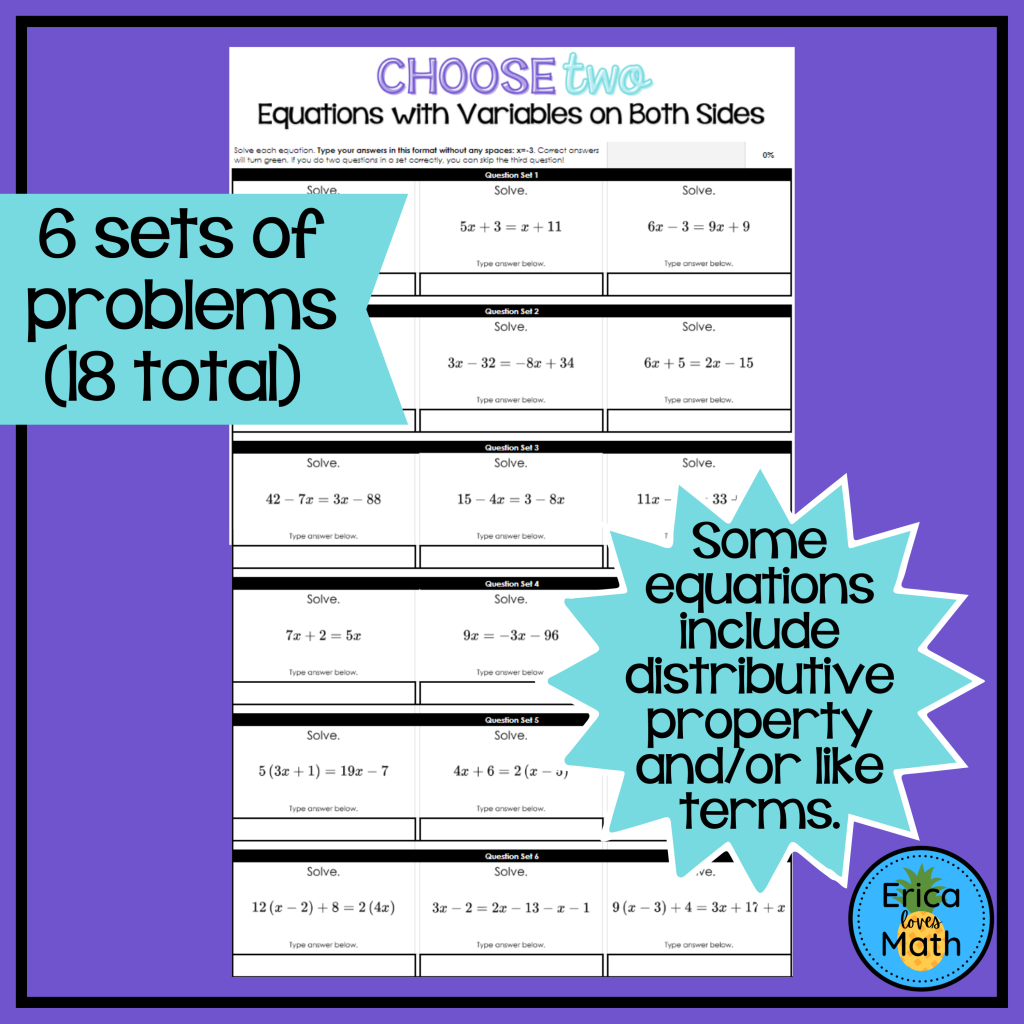 Solving Equations with Variables on Both Sides Digital Activity ...