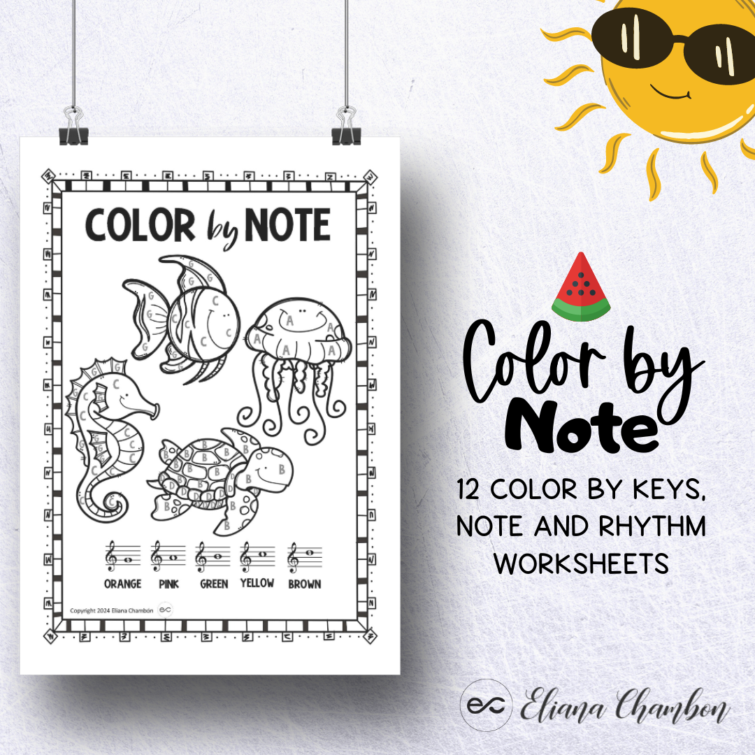 Color by Note - Piano Keys - Rhythm - Music Coloring pages - Summer