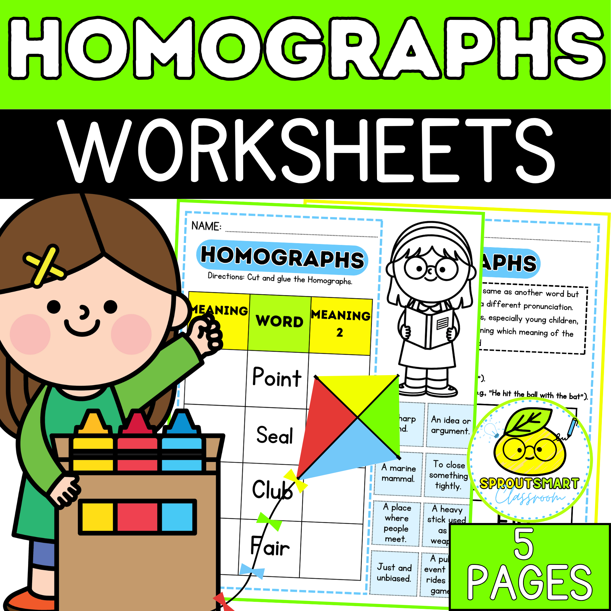Homographs Worksheets|Cut,Paste and color |Grammar Worksheets 1st and 2nd Grade