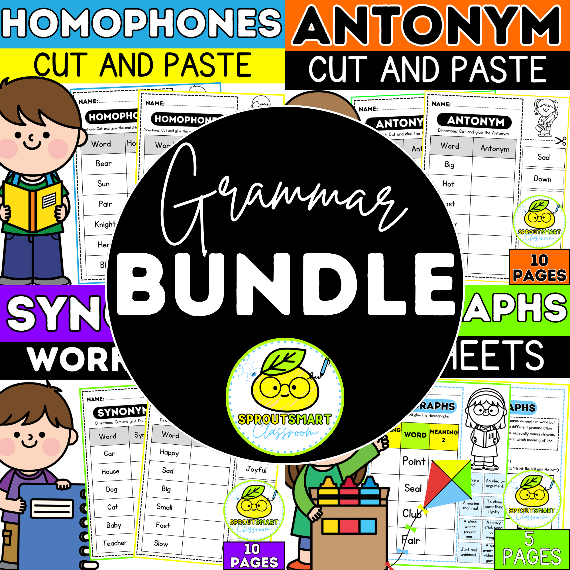 Synonyms, Antonyms, Homophones, and Homographs Bundle Worksheets For 1st and 2nd