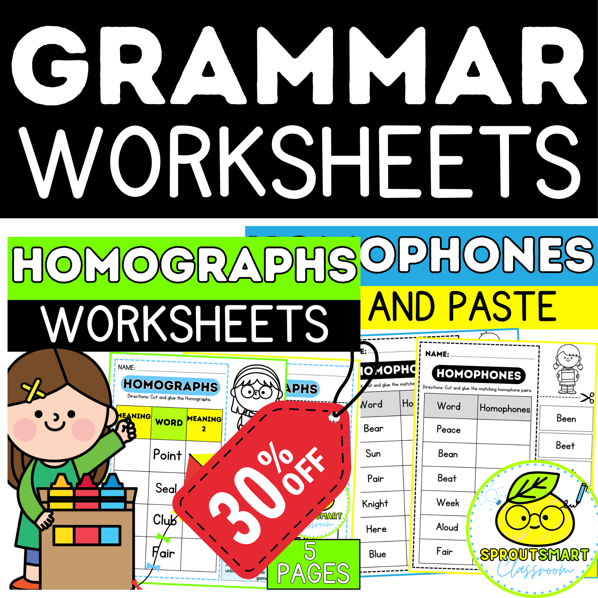 Homophones and HomographsBundle For 1st and 2nd Grade | Cut and Paste Worksheets