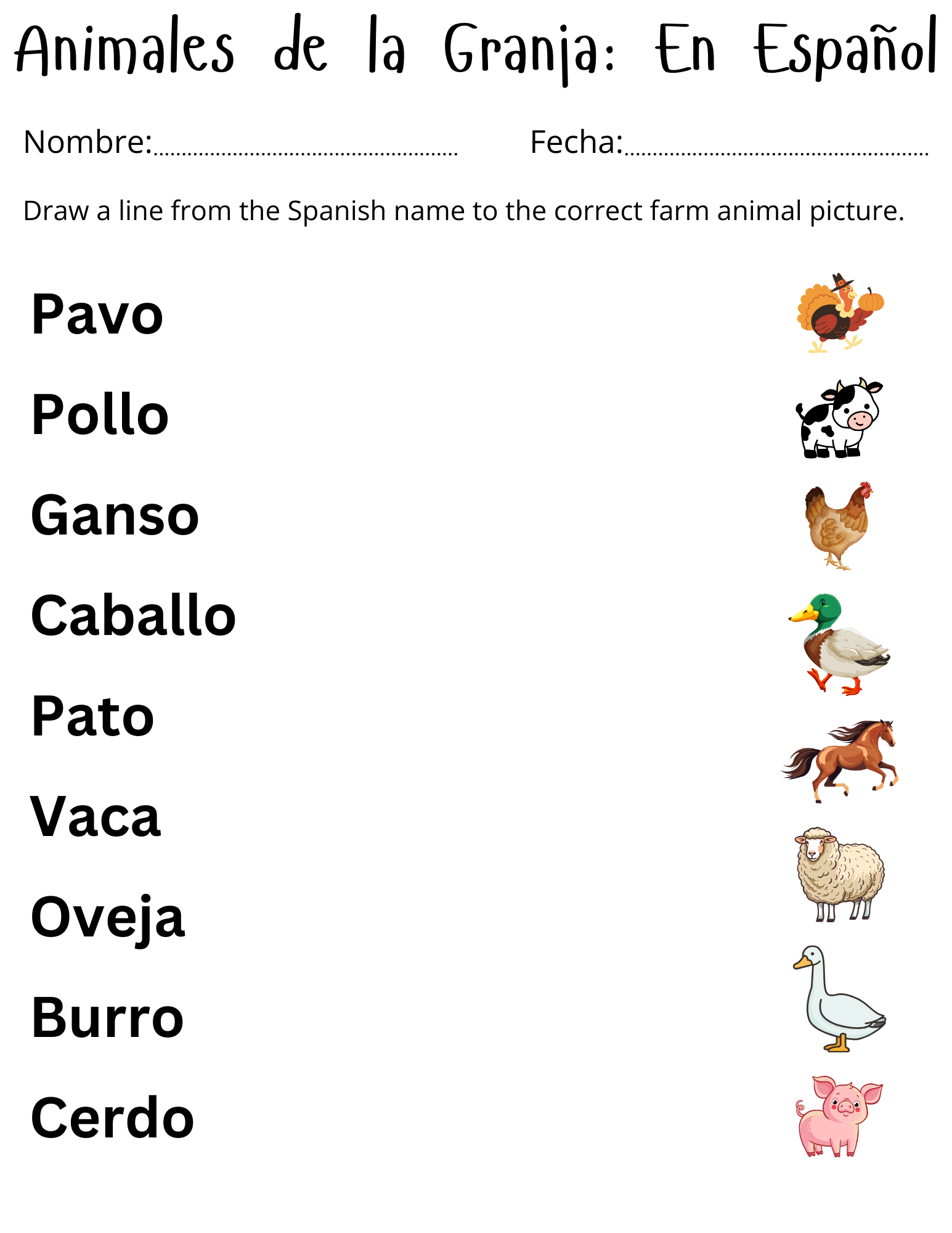 printable farm animals in spanish worksheet - animales de granja para niños