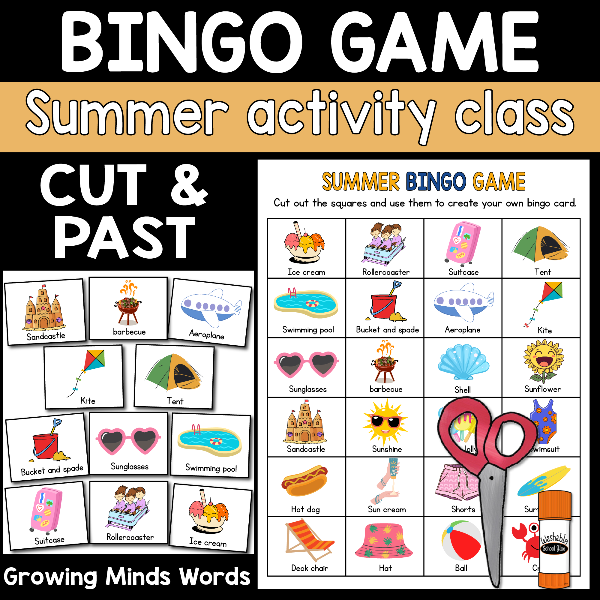 Summer Bingo Game | Summer Vocabulary | Cut and Paste Activities Bingo