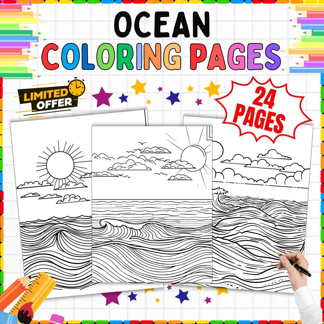 Ocean Coloring Pages |Natural, Marine Life Worksheet | 24 Pages | K - 4th Grade