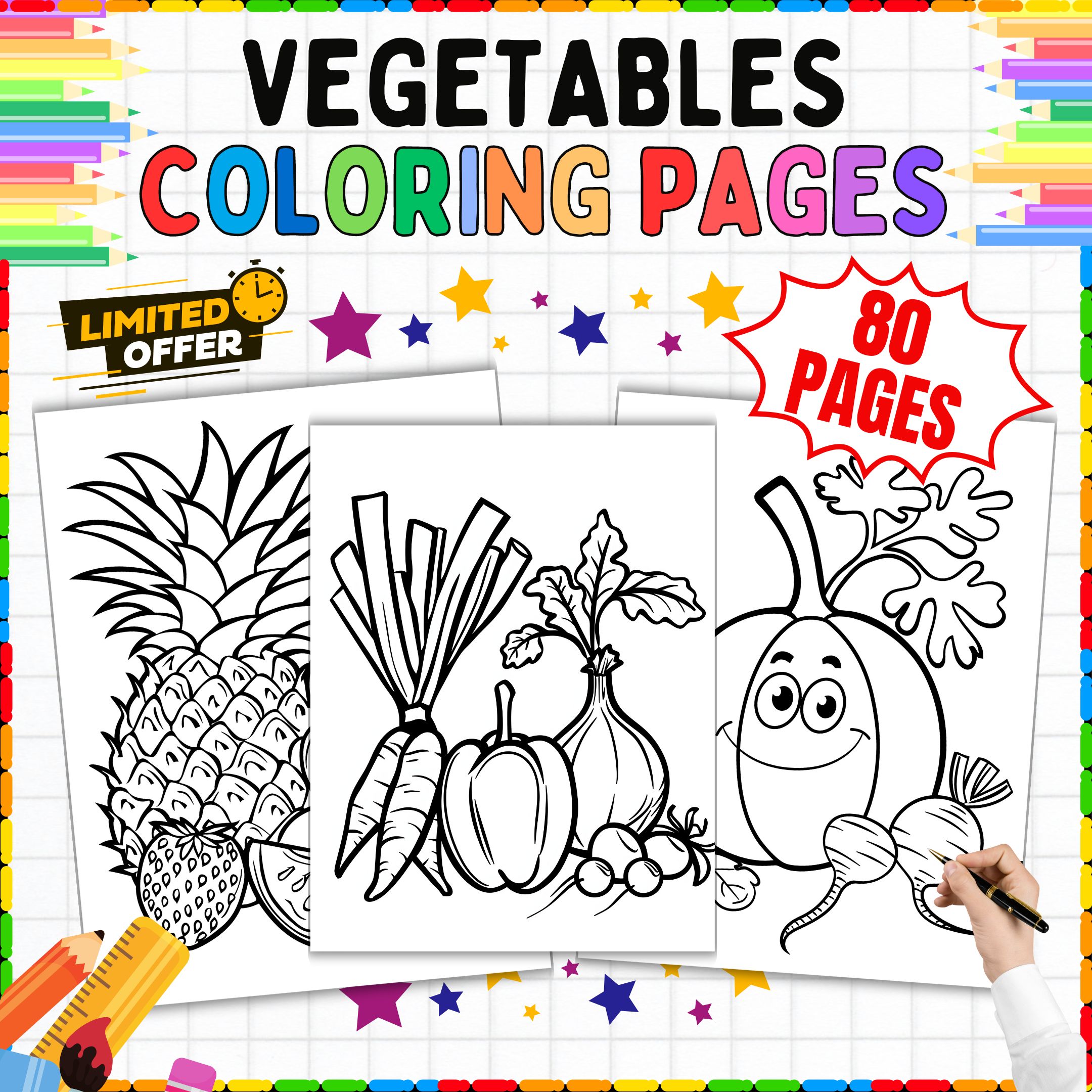 80 Vegetable Coloring Pages: Printable Food Activities for PreK - 4th Grade art