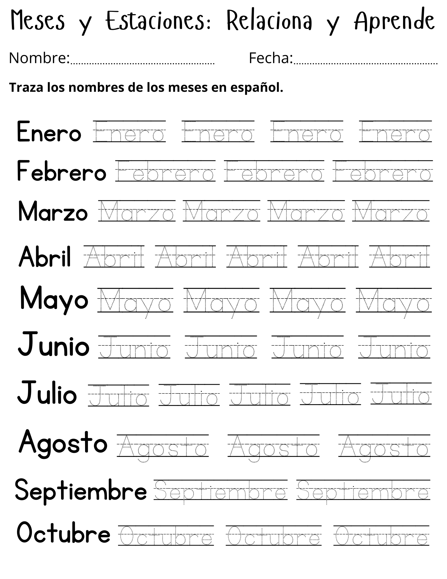 printable spanish months and seasons worksheet - meses y estaciones del año