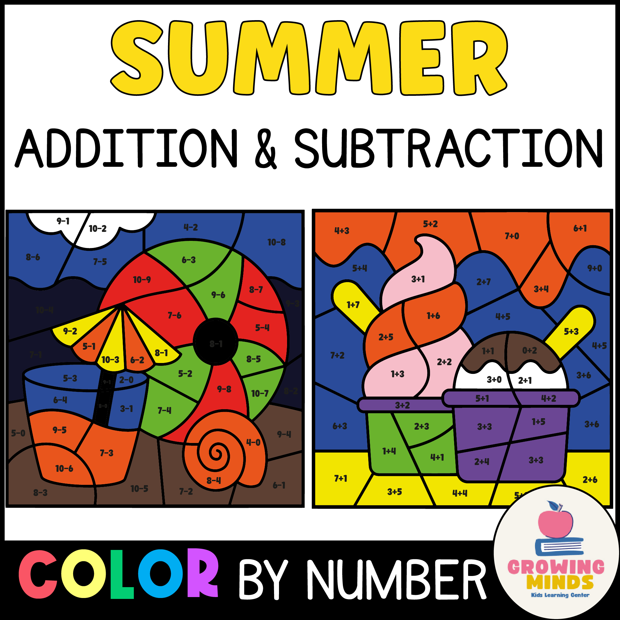 Summer Color By Number Addition and Subtraction Practice Within 10