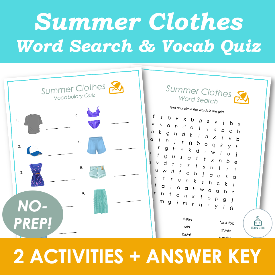 Summer Word Search & Vocabulary Quiz - Summer Clothes - Early Finisher Activities