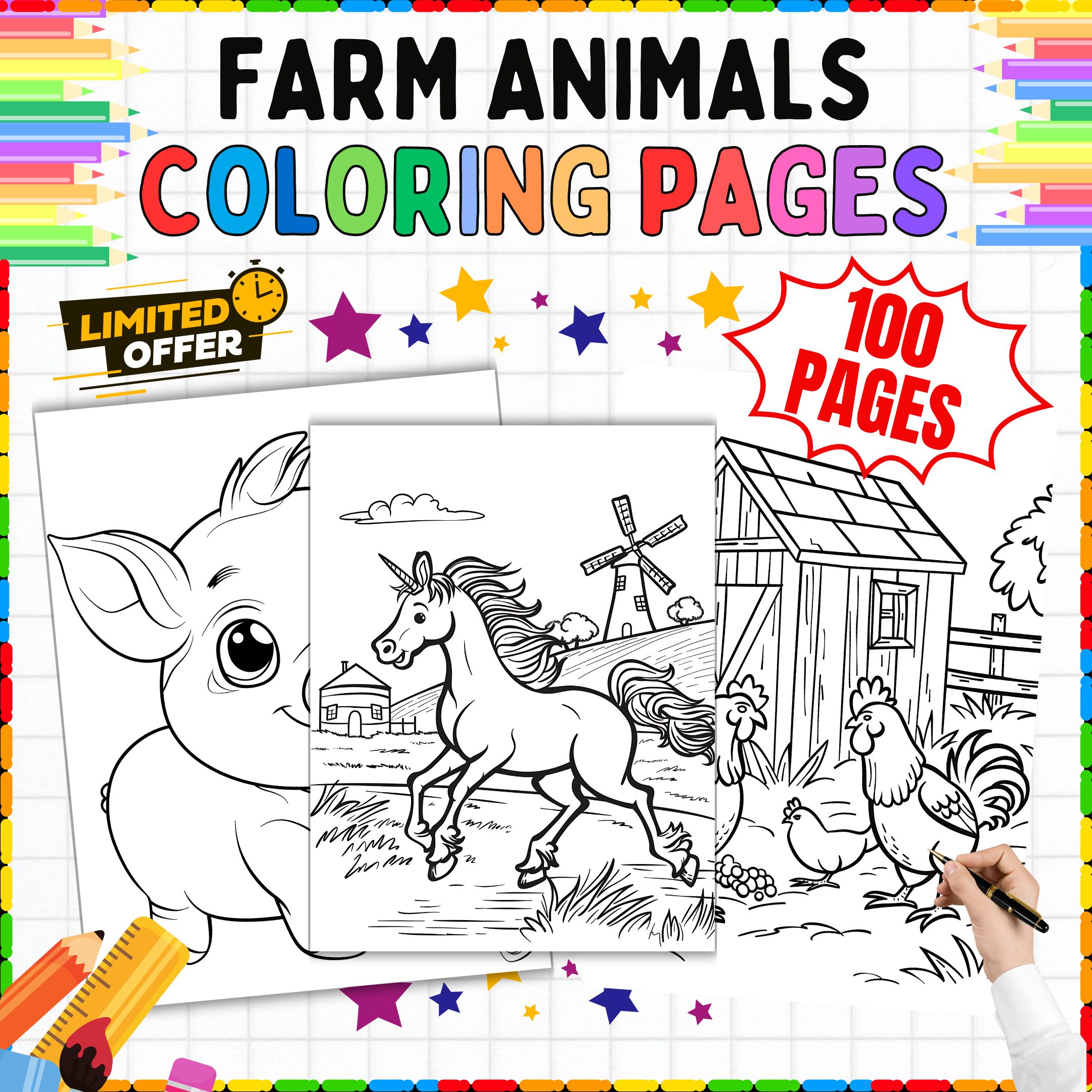 100 Farm Animal Coloring Pages - Horses, Chickens, Pigs, Cows, Hamsters | Sheets