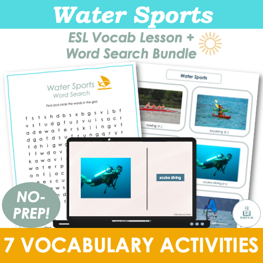 Water Sports - Summer ESL Vocabulary Lesson & Word Search Activities BUNDLE