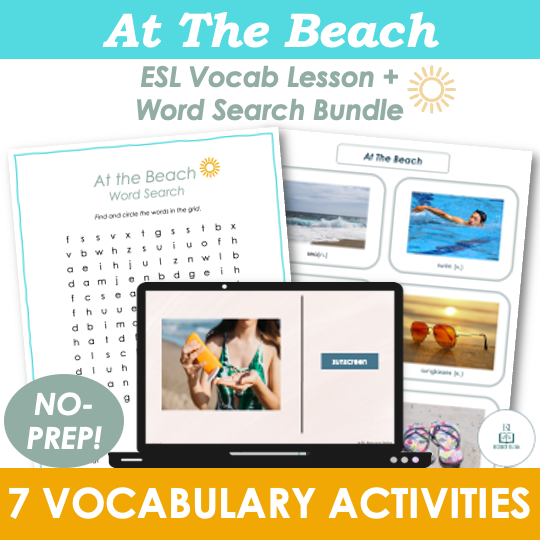 At the beach - Summer ESL Vocabulary Lesson & Word Search Activities BUNDLE