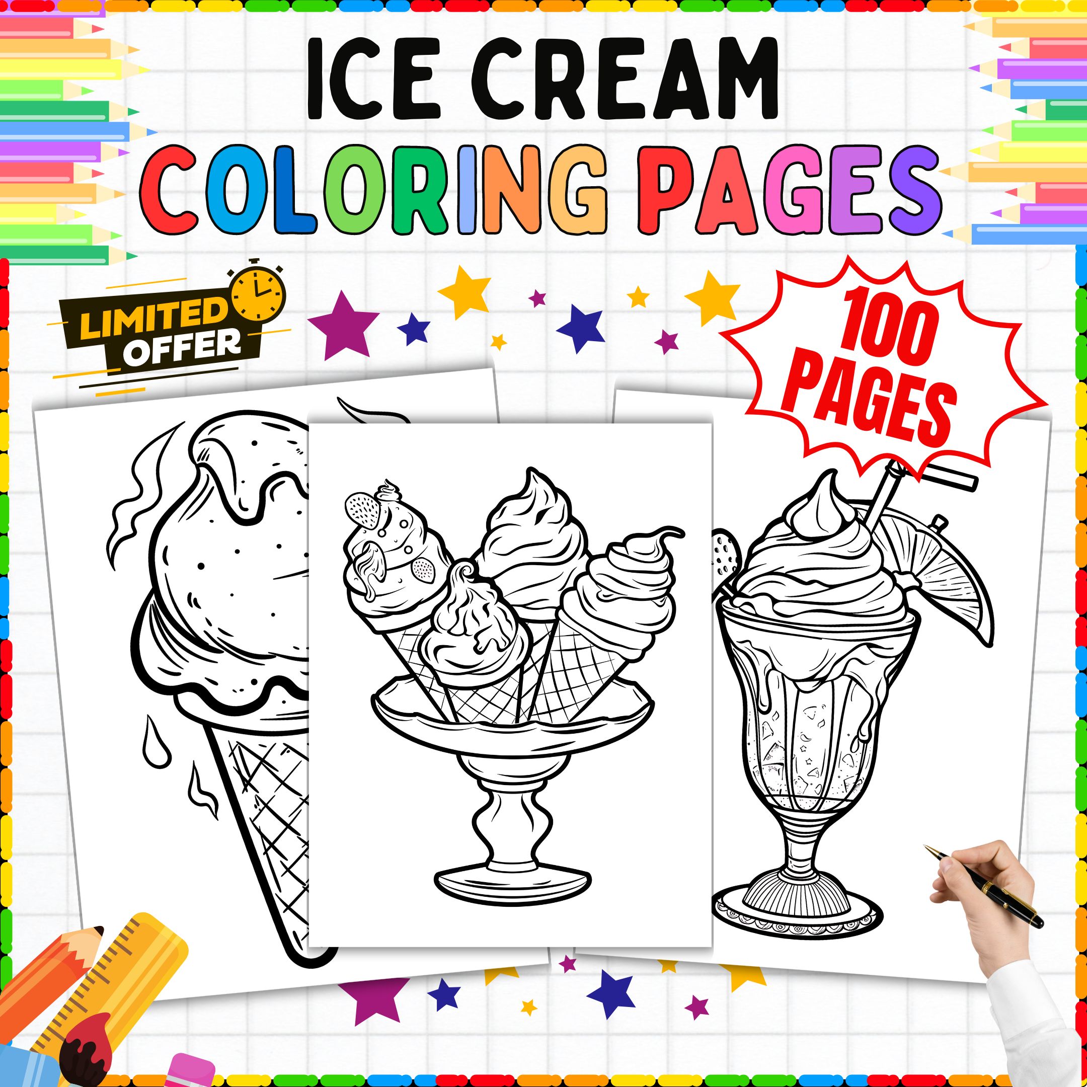 Ice Cream Coloring Pages | 100 Sheets | Summer Art Activities for K- 5th grade