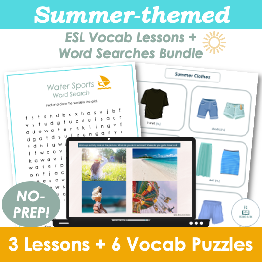Summer Vocabulary Lessons & Word Searches Activities BUNDLE - Adult ESL EFL
